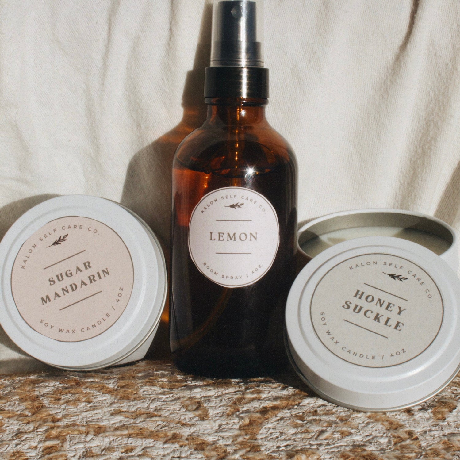 The Fresh Spring Trio: Honeysuckle, Mandarin, and Lemon, Room Spray, Linen Spray, Soy Candles, Wood Wick Candles, Gifts for Women, Gift Box